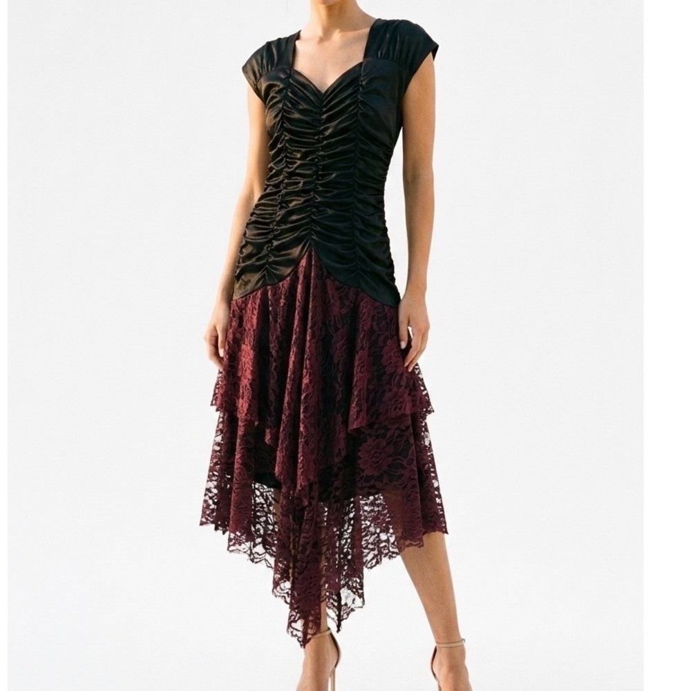 Vintage 80s Ruched Satin‎ Lace Dress S Whimsigoth HOCO Vampire Grunge